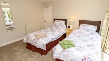 A bedroom with two beds, a radiator, a nightstand with a lamp, and a mirror.