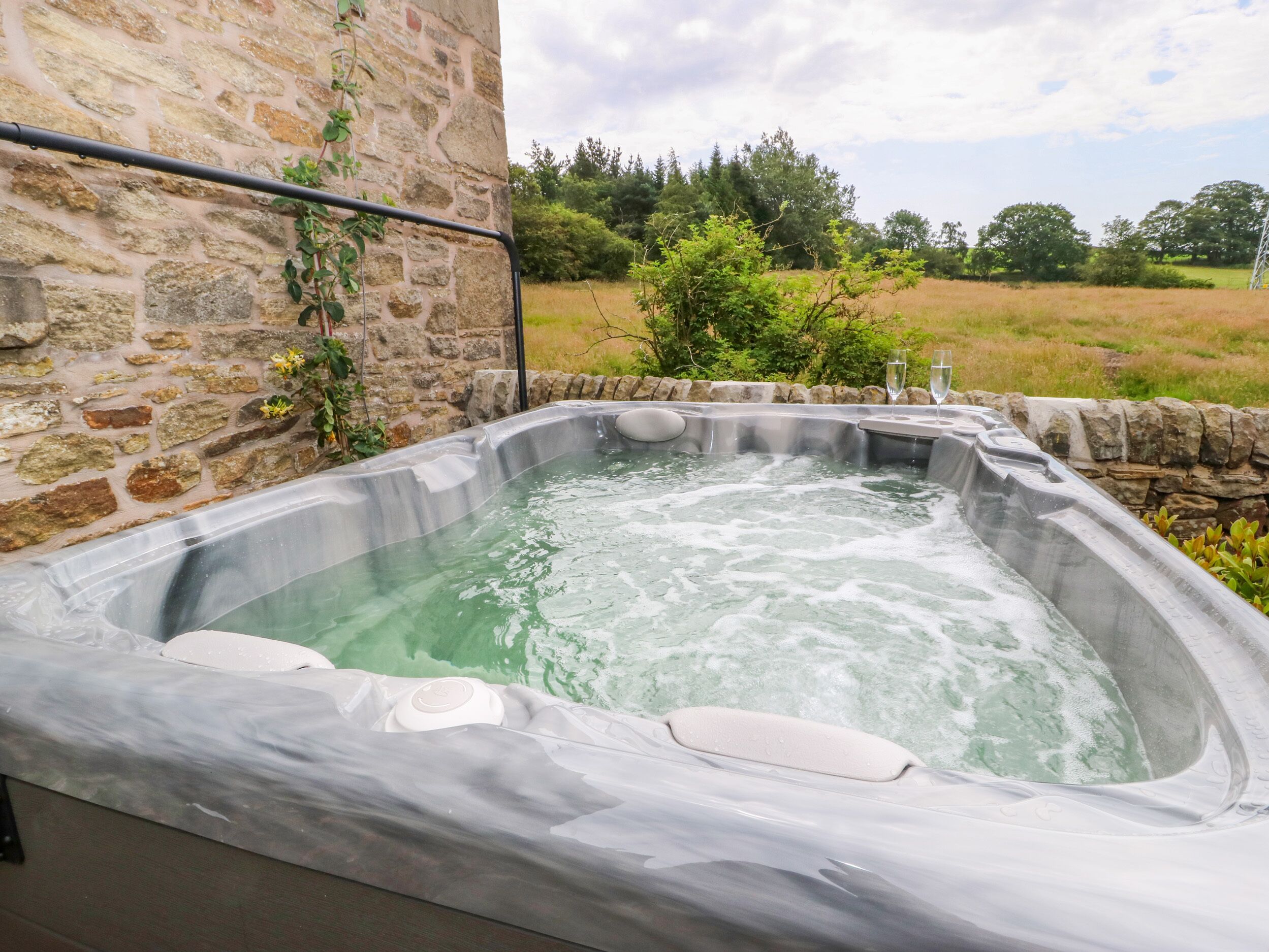 Un bain à remous avec un mur de pierres en arrière-plan, entouré d’un champ herbeux et d’arbres.