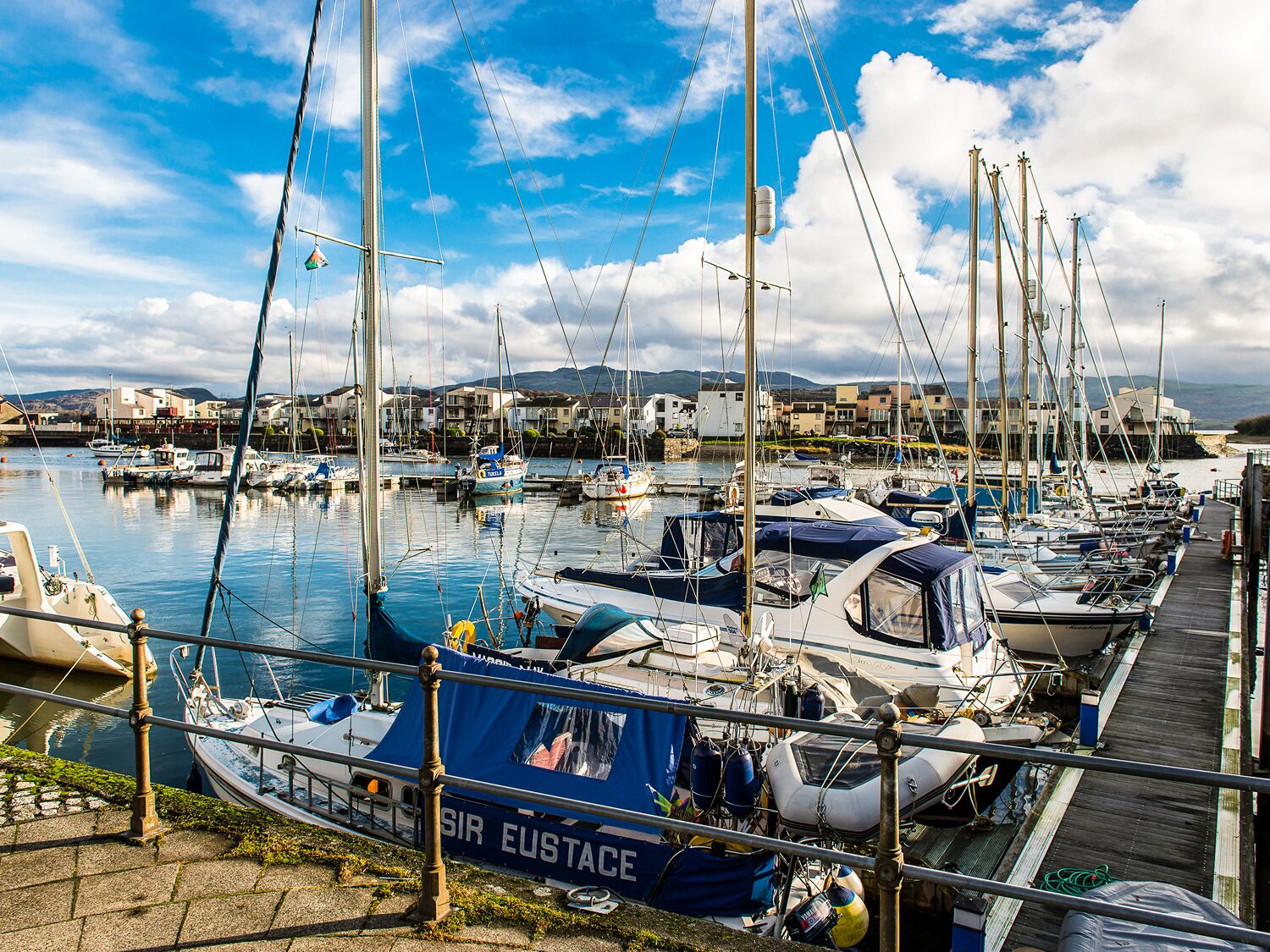 A marina with multiple boats docked, a wooden walkway, and buildings in the background.