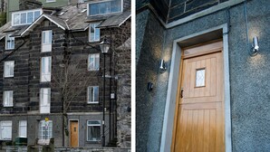 A stone building with a wooden door and a small porch with a bench. - The Captain's Bank (Porthmadog)