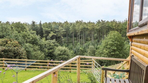 A wooden cabin with a wooden deck and a view of a forest. - Castle View Cabin (Scarborough)