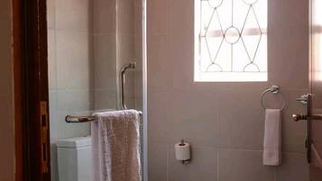 Shower, rainfall showerhead, towels