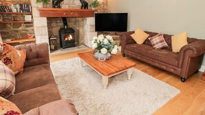 A cozy living room with a stone fireplace, a flat-screen TV, and comfortable seating. - The Steadings (Morpeth)
