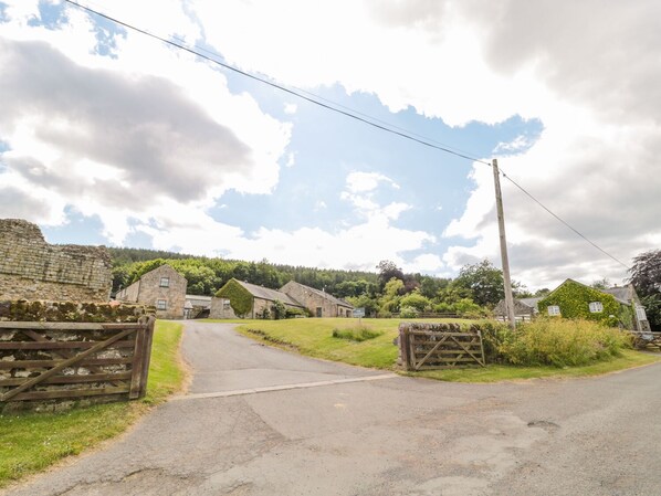 A rural road leading to a stone building with a grassy field and trees in the background. - The Steadings (Morpeth)