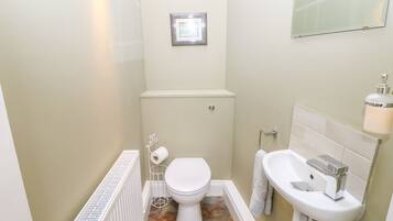 Een kleine badkamer met toilet, wastafel en radiator.