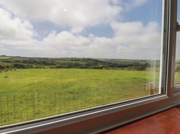 Vista a través de una ventana: un campo verde con una cerca, cielo despejado y colinas al lejano.