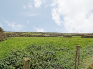 A rural landscape with a fenced field, rolling hills, and a clear sky. - Little Lanes (Camelford)