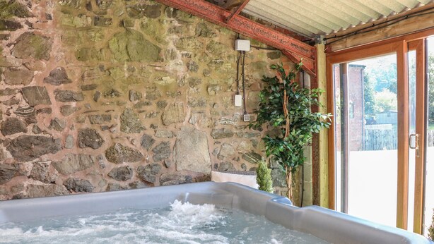Une pièce aux murs de pierre, dotée d’un jacuzzi, d’un plafond en bois et offrant une vue à travers une porte vitrée.