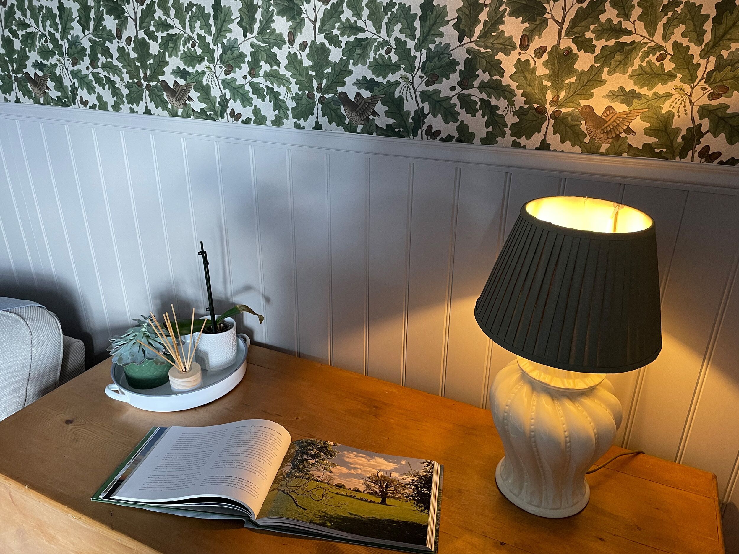 Ein Holztisch mit einem Buch, einer Lampe und einer kleinen Pflanze.