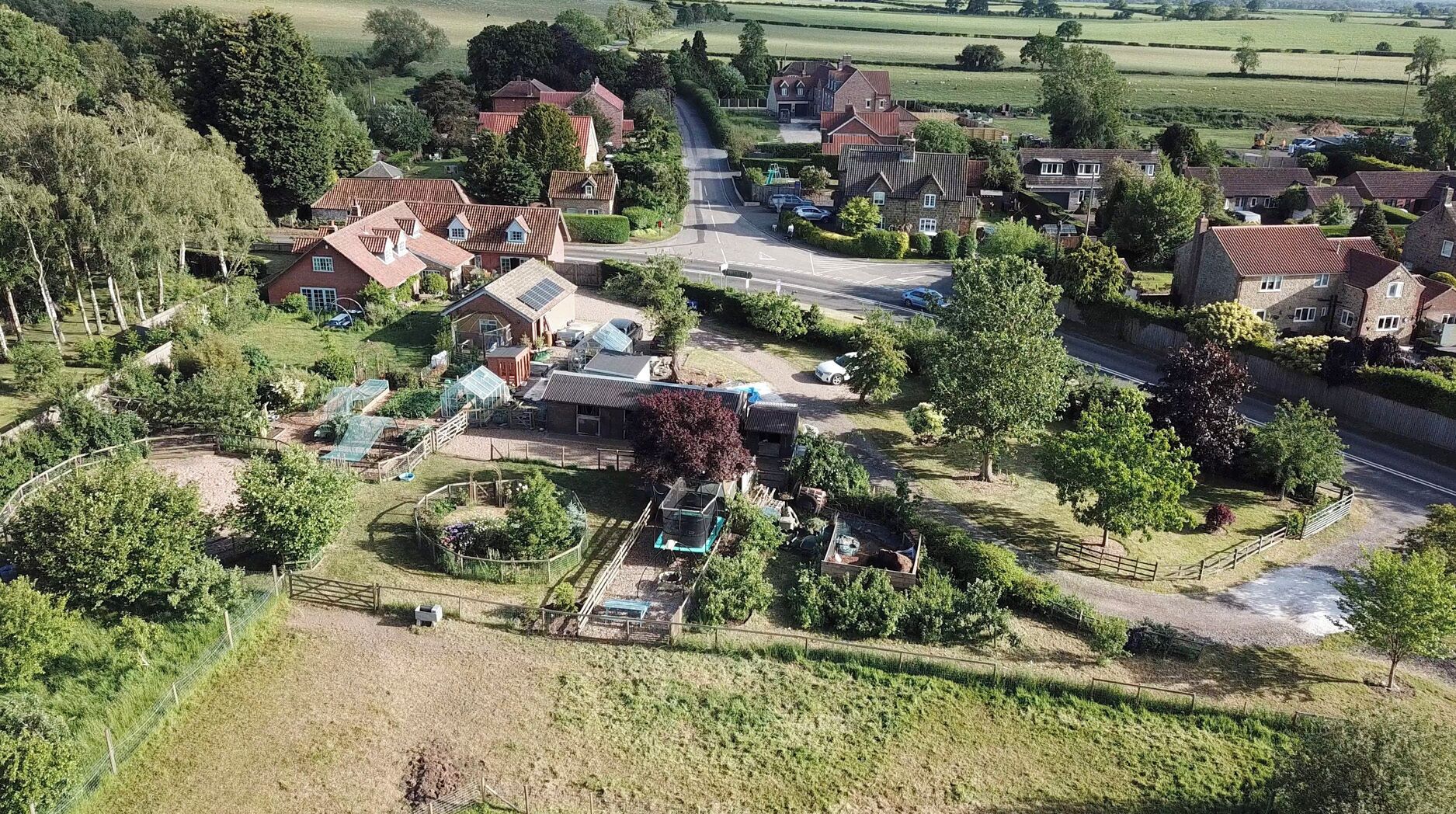 A residential area with houses, a road, and a garden with a greenhouse.