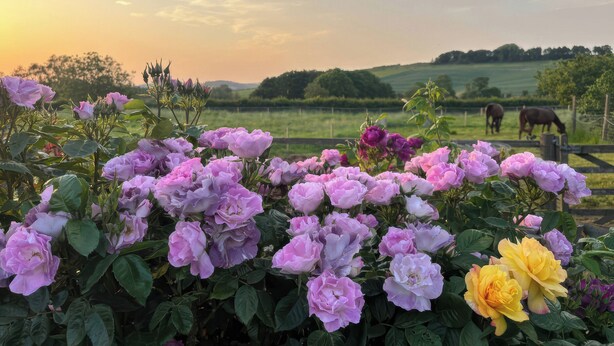A garden with blooming roses and a distant view of horses grazing. - Gables Cottage (Market Rasen)