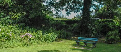 A park with a bench, lush greenery, and a path.