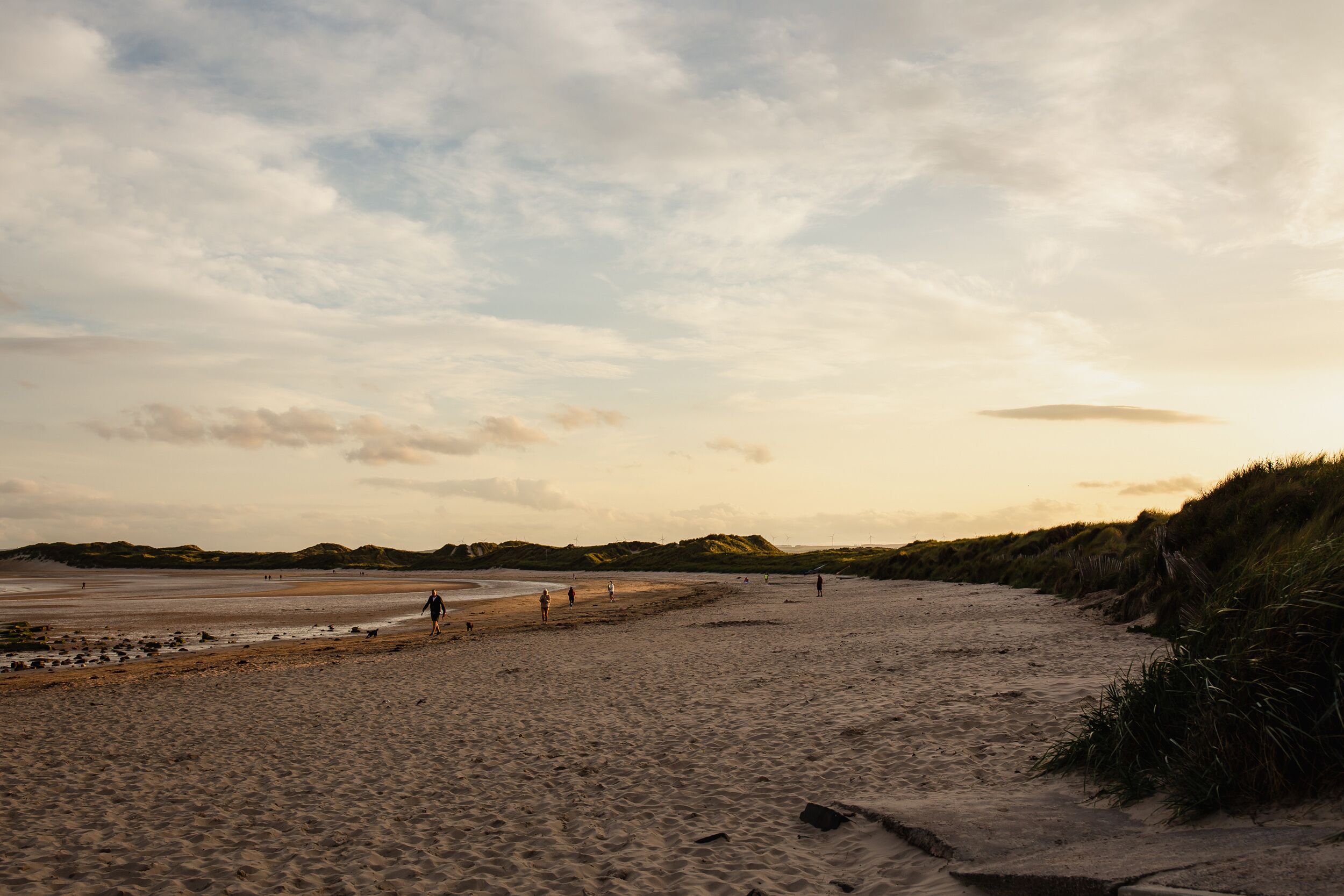Une vaste plage de sable, bordée de dunes, et un ciel dégagé.