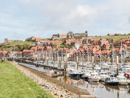 Marina con barcos amarrados, un río y edificios al fondo.
