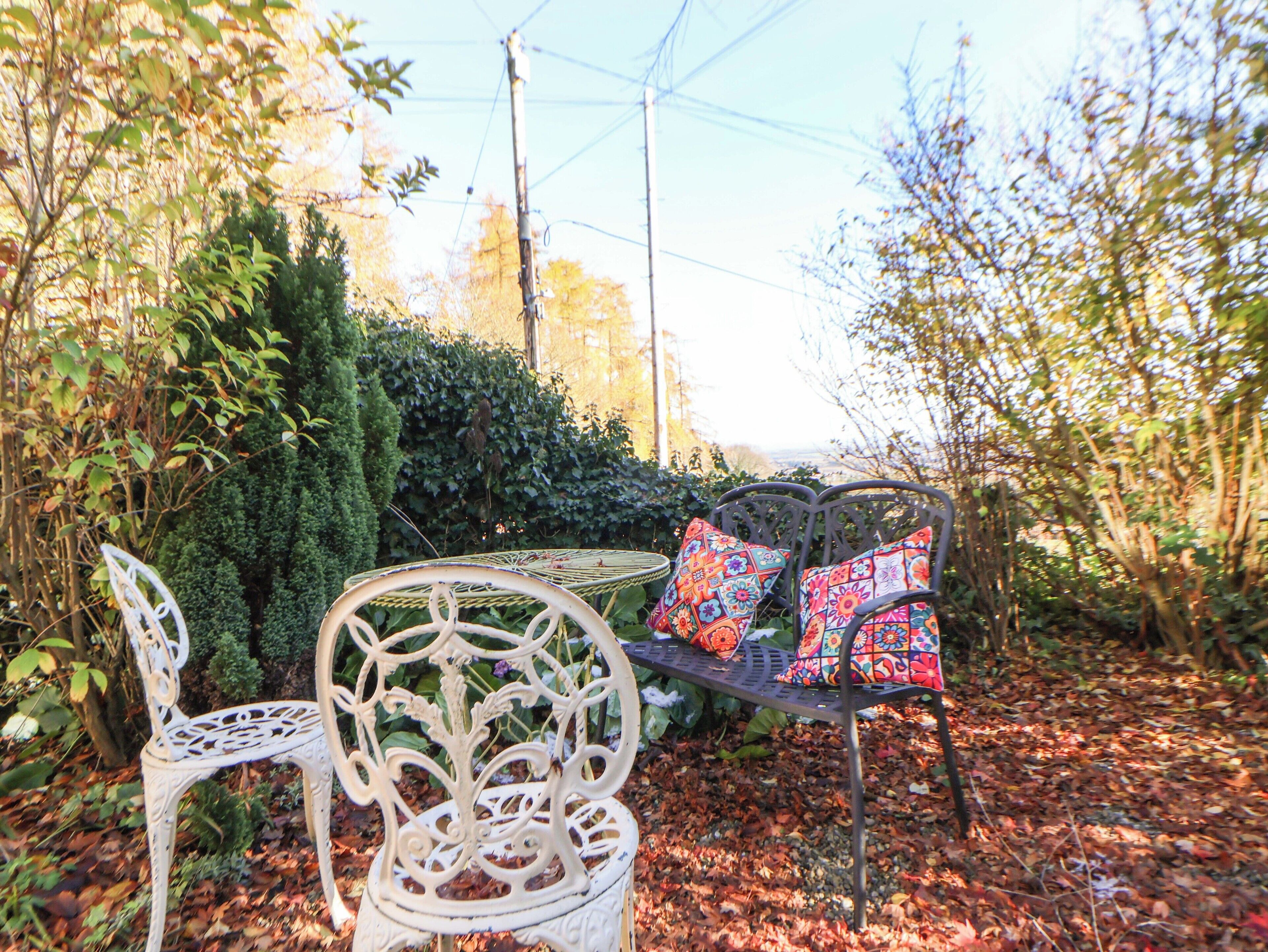 Un jardin avec un banc et des chaises en métal, entouré de feuillage et d’une haie.