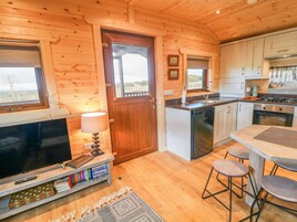 Acogedor interior de cabaña con paredes de madera, un televisor, una estantería, una zona de cocina con estufa y fregadero, y una puerta que da al exterior.