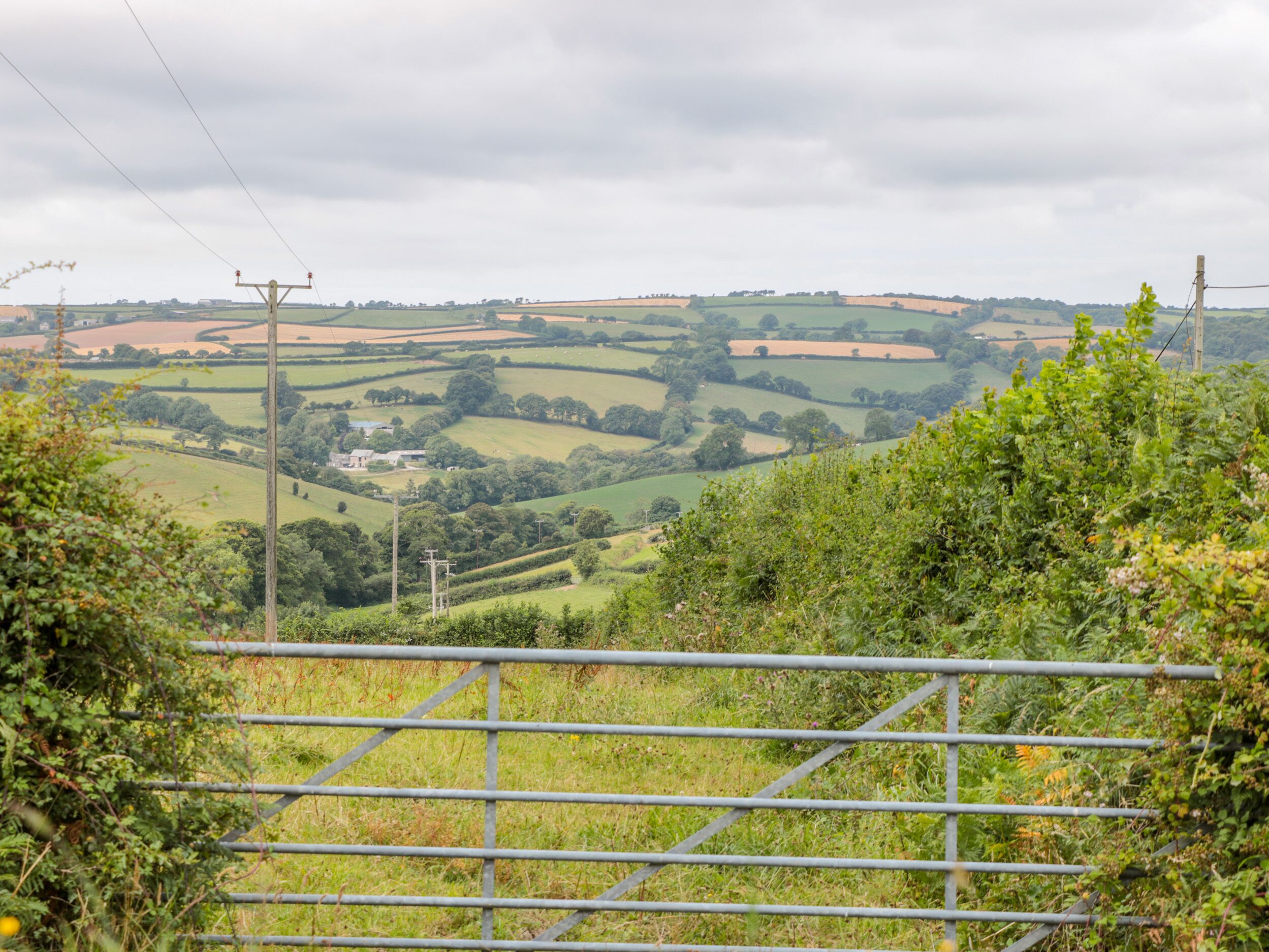 A rural landscape with rolling fields and a distant building.