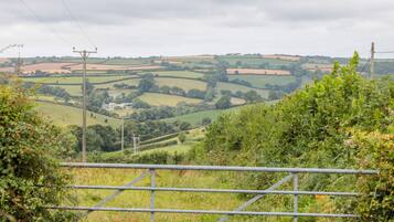 A rural landscape with rolling fields and a distant building.