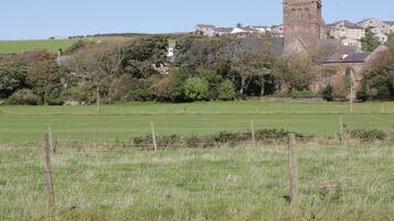 Ländliche Landschaft mit einer Kirche und Wohnhäusern im Hintergrund.