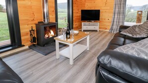 A cozy cabin interior with a wood-burning stove, a television, and a leather sofa. - Bryn Eiddon Log Cabin (Machynlleth)