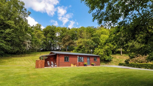 A log cabin with a porch, surrounded by a well-maintained lawn and dense trees. - Ryedale Country Lodges - Hazel Lodge (York)