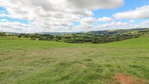 Ein weiter Panoramablick über ein grünes Tal mit sanften Hügeln und vereinzelten Bäumen unter einem teils bewölkten Himmel.