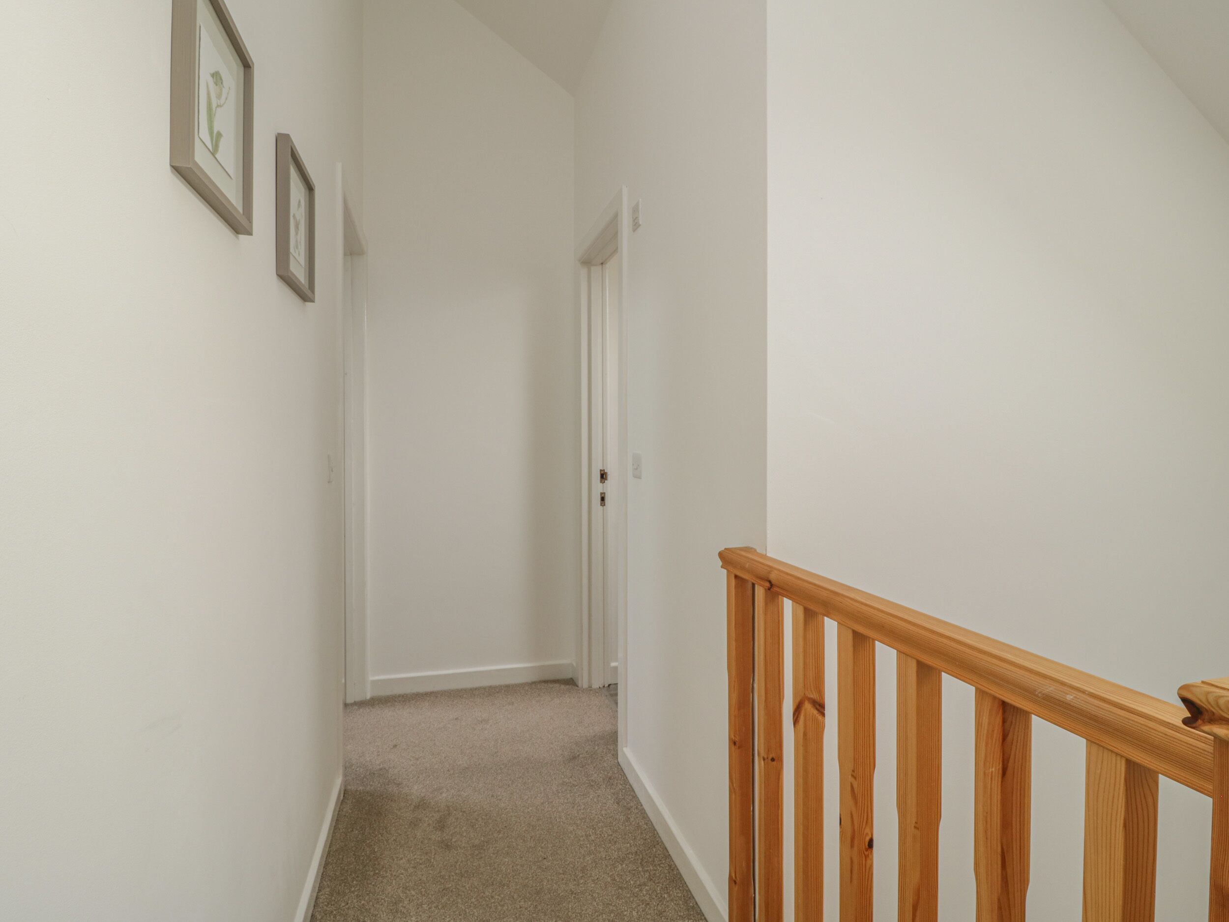 A hallway with a wooden railing, a carpeted floor, and a white door at the end.