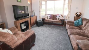 Una sala de estar con chimenea, televisor y dos sofás.