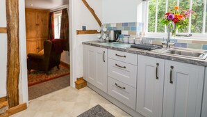 A modern kitchen with grey cabinets, a built-in oven, and a window with a flower vase. - Lizzies Cottage (Horncastle)