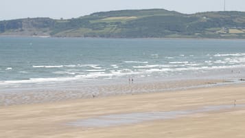 A beach with a sandy shore and waves.