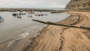 A coastal scene with boats docked at a pier, a sandy beach, and a cliff. - Salmon Cottage (Saltburn-by-the-Sea)