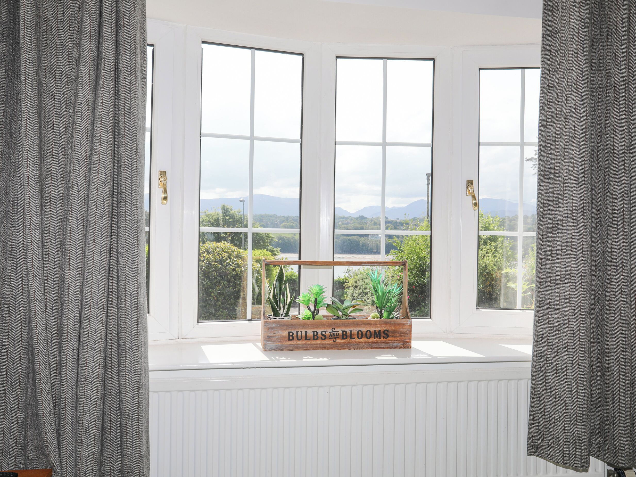 A room with a large window, white walls, and a radiator. There is a wooden planter with plants labeled "BULBS & BLOOMS" on the radiator.