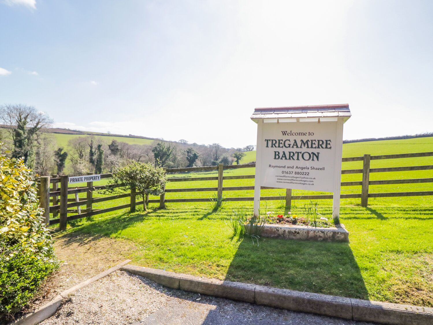 A sign welcoming to Tregamere Barton, indicating private property.