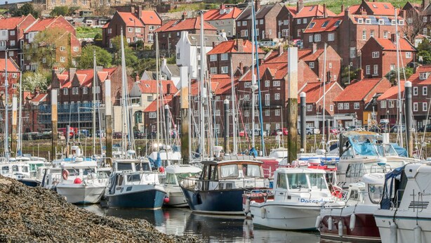 A marina with boats docked, surrounded by red-roofed buildings and a historic structure in the background. - West Cliff Apartment (Whitby)
