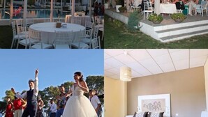 A poolside area with round tables and chairs, a covered outdoor dining area, a wedding scene, and a modern bedroom with a bed, bedside table, and lamp. - Hotel Lido Beach (Oristano)