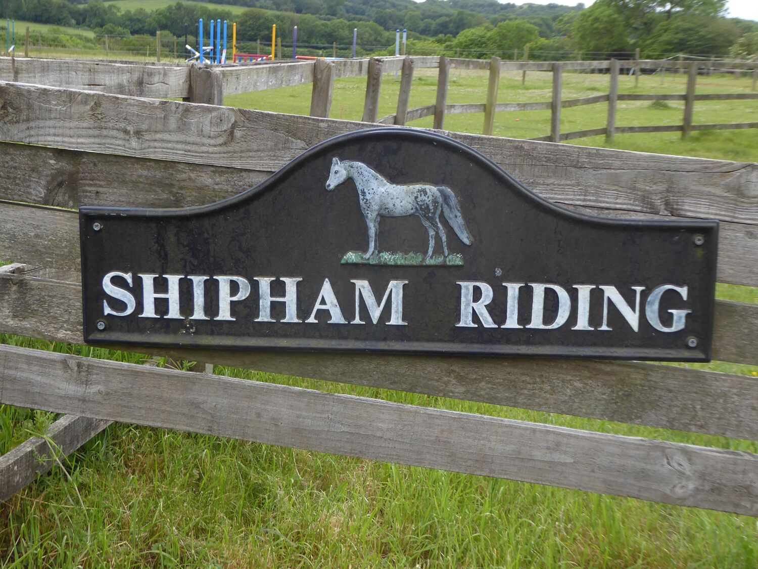 Et skilt med en hest og teksten 'SHIPHAM RIDING'.