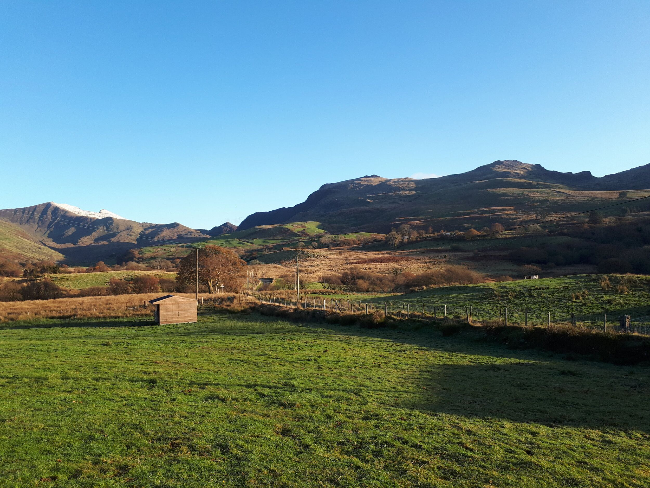 A rural landscape with a small wooden structure, possibly a shed, in a grassy field with a mountain in the background.