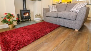 A cozy living room with a fireplace, a grey sofa, and a red rug. - Tilberthwaite Farm Cottage (Coniston)