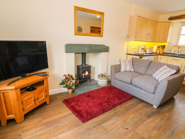 A living room with a television, a fireplace, a sofa, and a kitchen area.