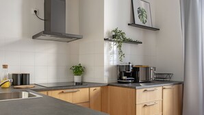 A modern kitchen with a built-in stove, a coffee maker, and a potted plant. - 3D FLORIANSKA 15 Apartament (Kraków)
