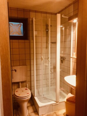 Apartment (Spechtwohnung) | Bathroom | Shower, hair dryer, towels - Römerklause (Neustadt an der Weinstrasse)
