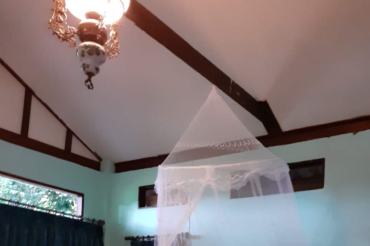 A bed with a canopy, a chandelier, framed pictures on the wall, and a window with curtains.
