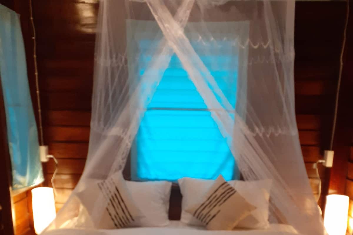 A bed with a canopy, pillows, and two square-shaped objects on the bed.