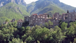 A cluster of traditional stone buildings with flat roofs, surrounded by dense green forest and mountains in the background.