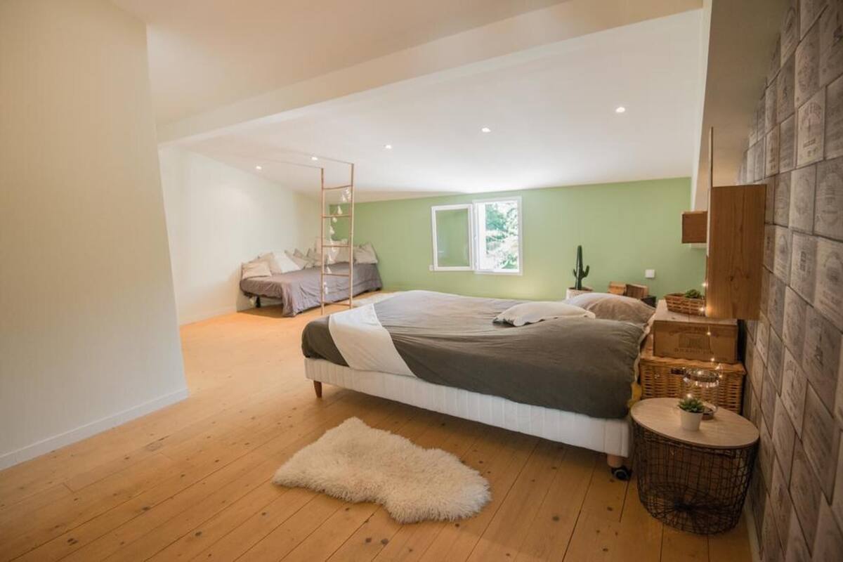 A bedroom with a large bed, a ladder, a window, and a small table with a plant.