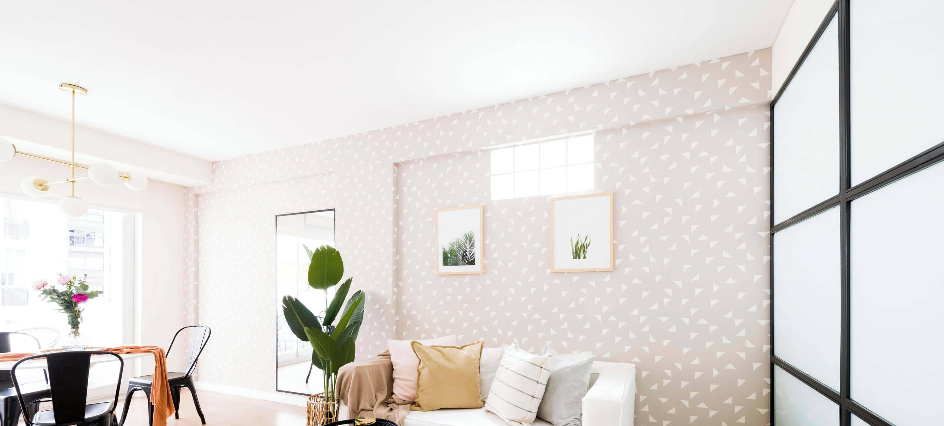 A modern living room with a white sofa, a dining table with chairs, a large plant, and framed pictures on the wall.