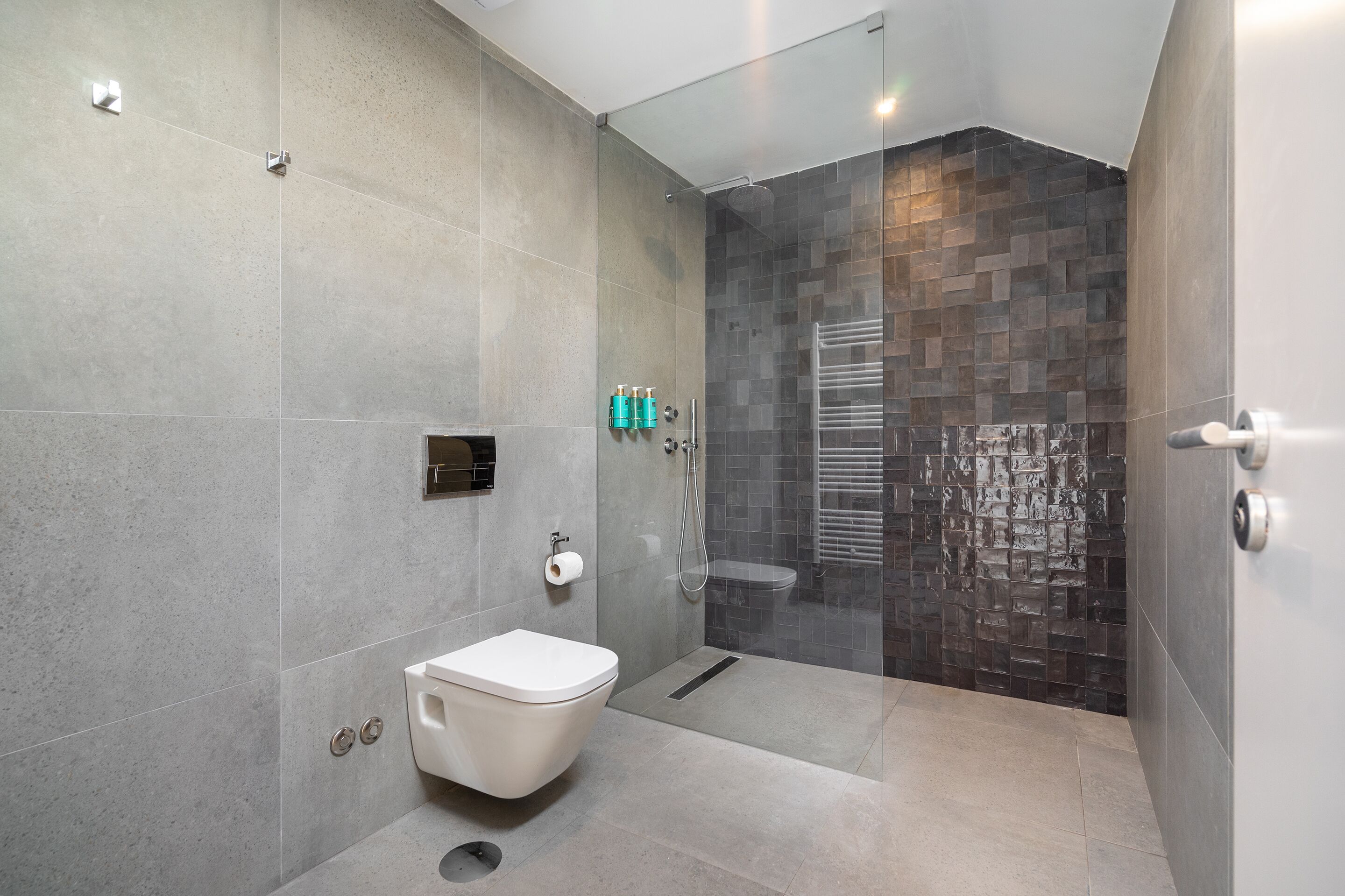 Une salle de bain moderne équipée de toilettes, d’une douche et d’un espace douche séparé par des parois en verre.