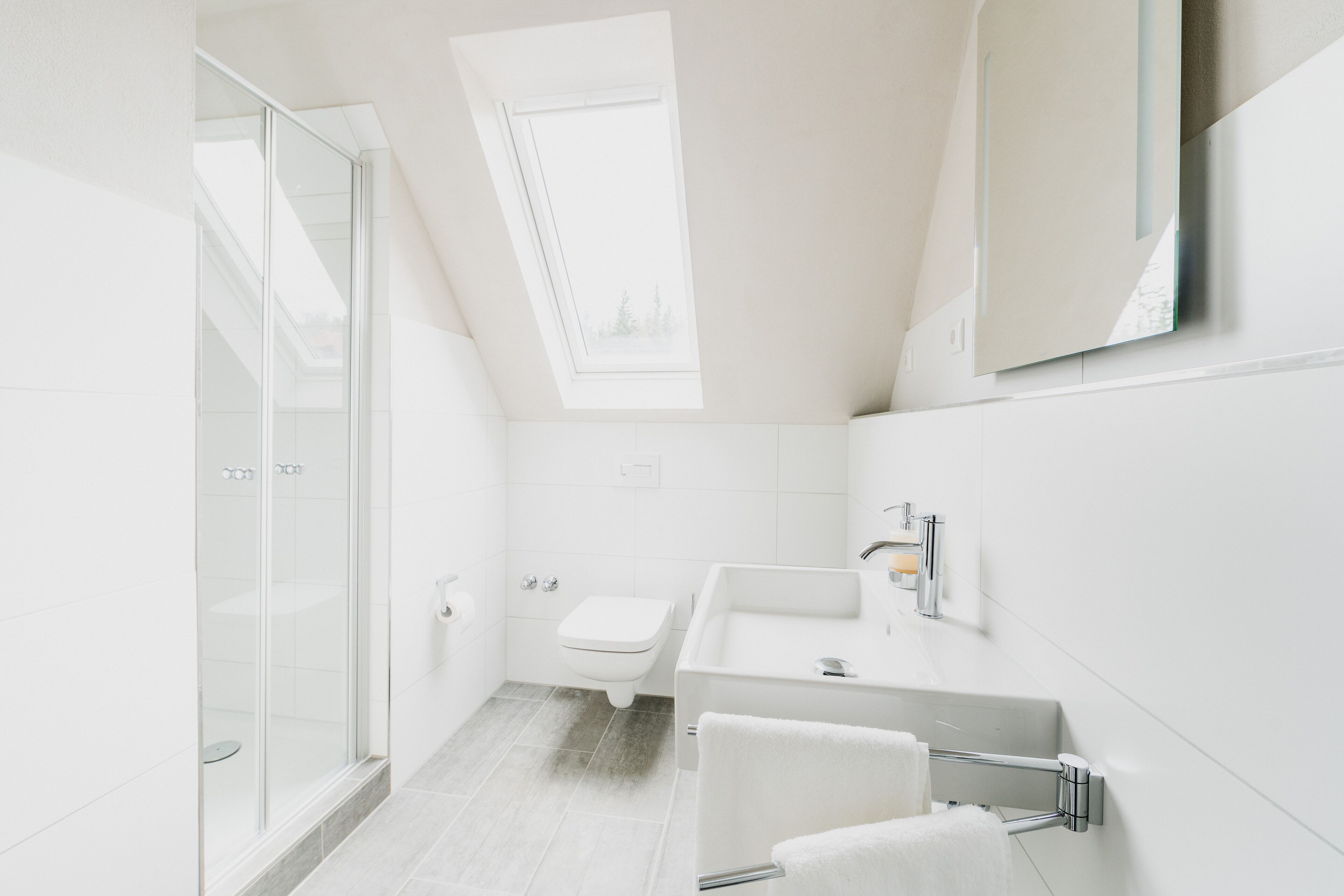 A modern bathroom with a shower, toilet, and sink, featuring a skylight and a large mirror.