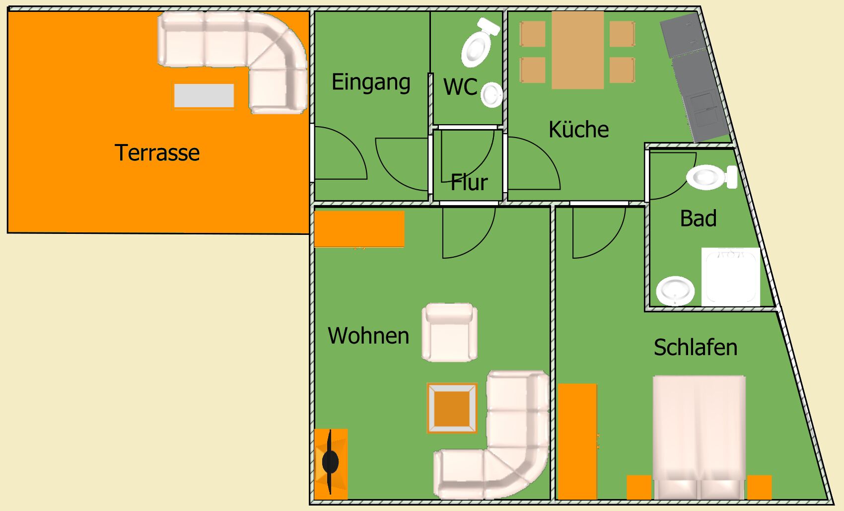 Piantina di un hotel con le stanze contrassegnate, tra cui una terrazza, l'ingresso, un WC, una cucina, un soggiorno, un bagno e le camere da letto.