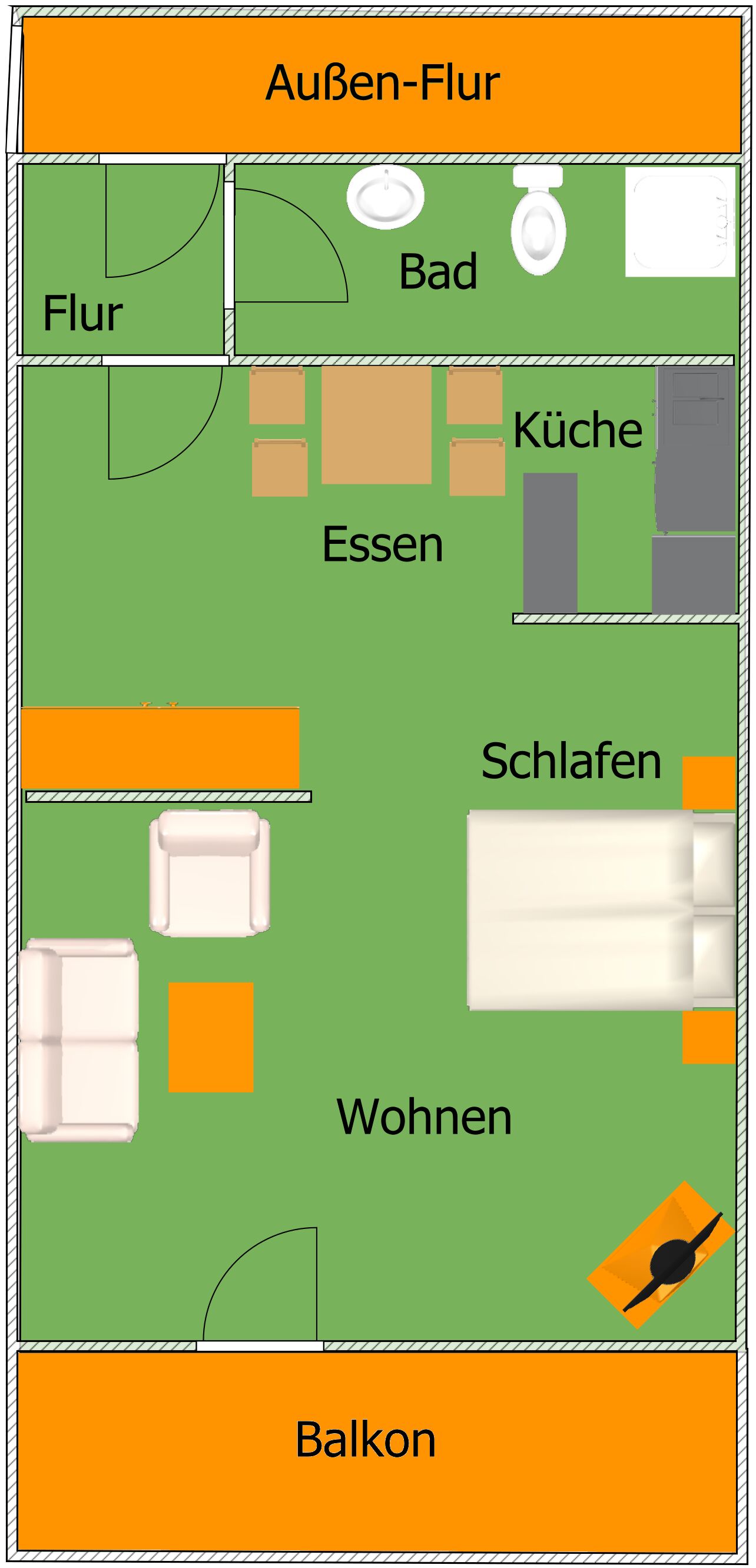 A hotel layout with a bathroom, kitchen, dining area, bedrooms, and a balcony.